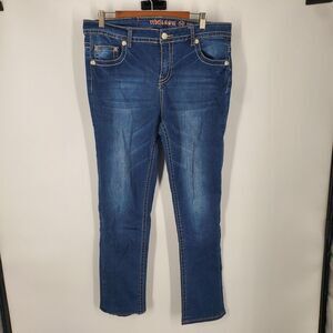 Rebel Soul Jeans Womens 14 Blue Straight Leg Embellished Pockets Stretch Denim